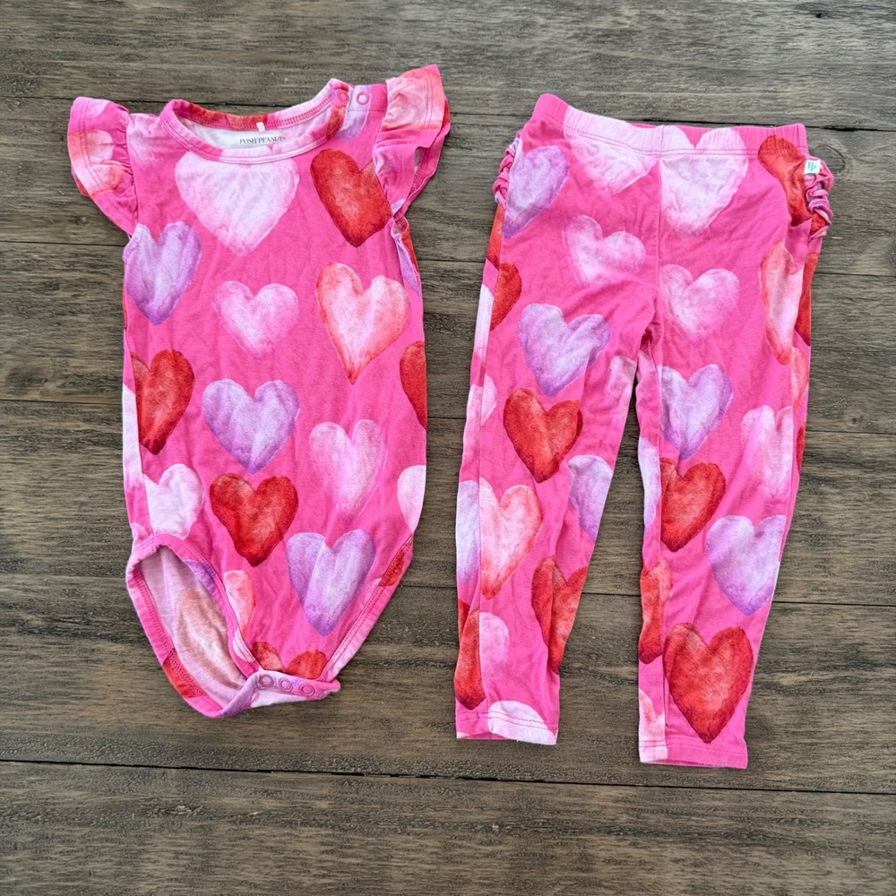Posh Peanut Pink Watercolor Heart Bodysuit & Ruffle Leggings Set 18-24 months